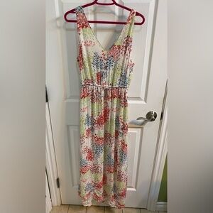 Lucky Brand White Pink Maxi Dress Beachy Flowy Women’s Large Floral Resort Wear